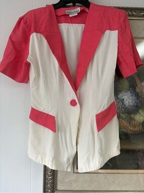 Vintage White and Coral Short-Sleeve Notched Blazer
